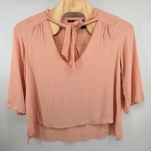 BKE Red Tie Neck‎ Blouse Top XL Boho Peasant 3/4 Sleeve Peach